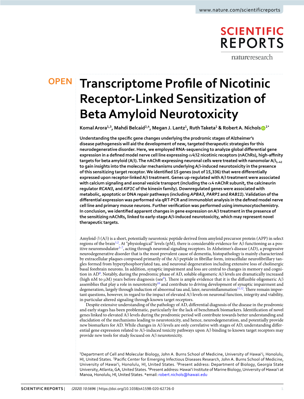 Transcriptome Profile of Nicotinic Receptor-Linked Sensitization Of