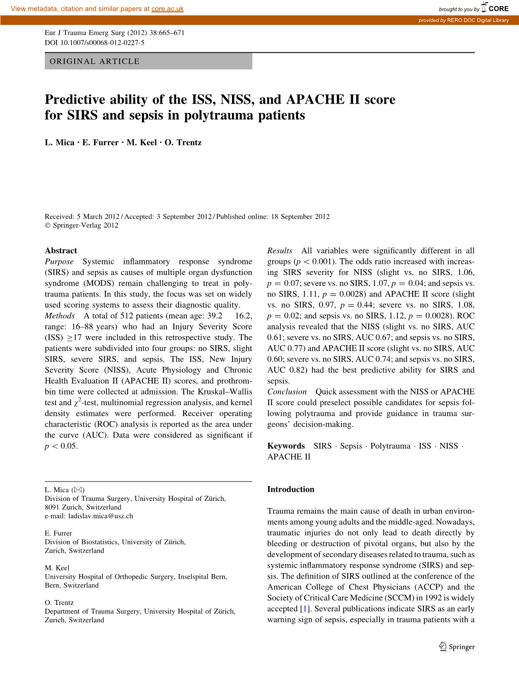 Predictive Ability of the ISS, NISS, and APACHE II Score for SIRS and Sepsis in Polytrauma Patients