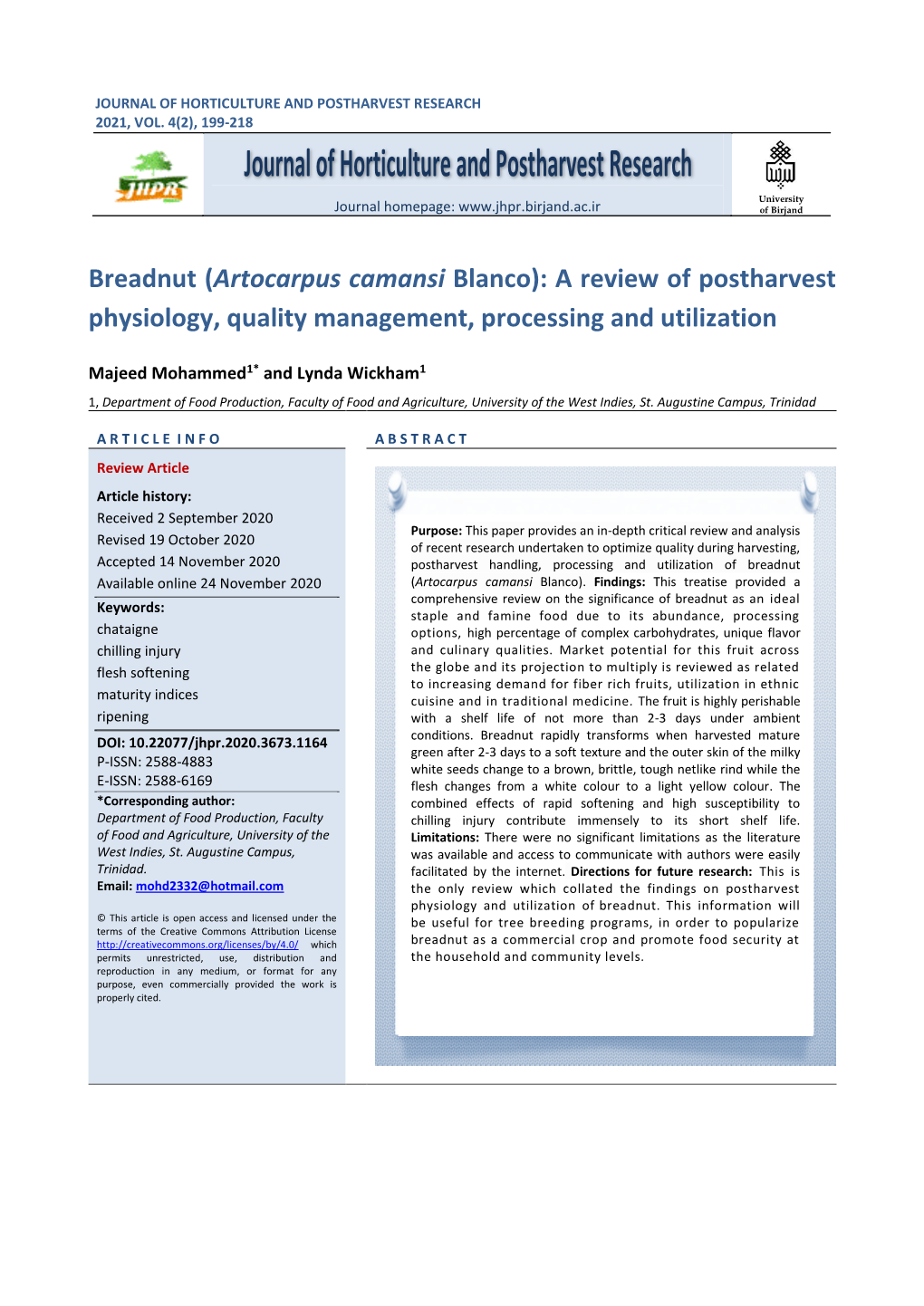 Breadnut (Artocarpus Camansi Blanco): a Review of Postharvest Physiology, Quality Management, Processing and Utilization