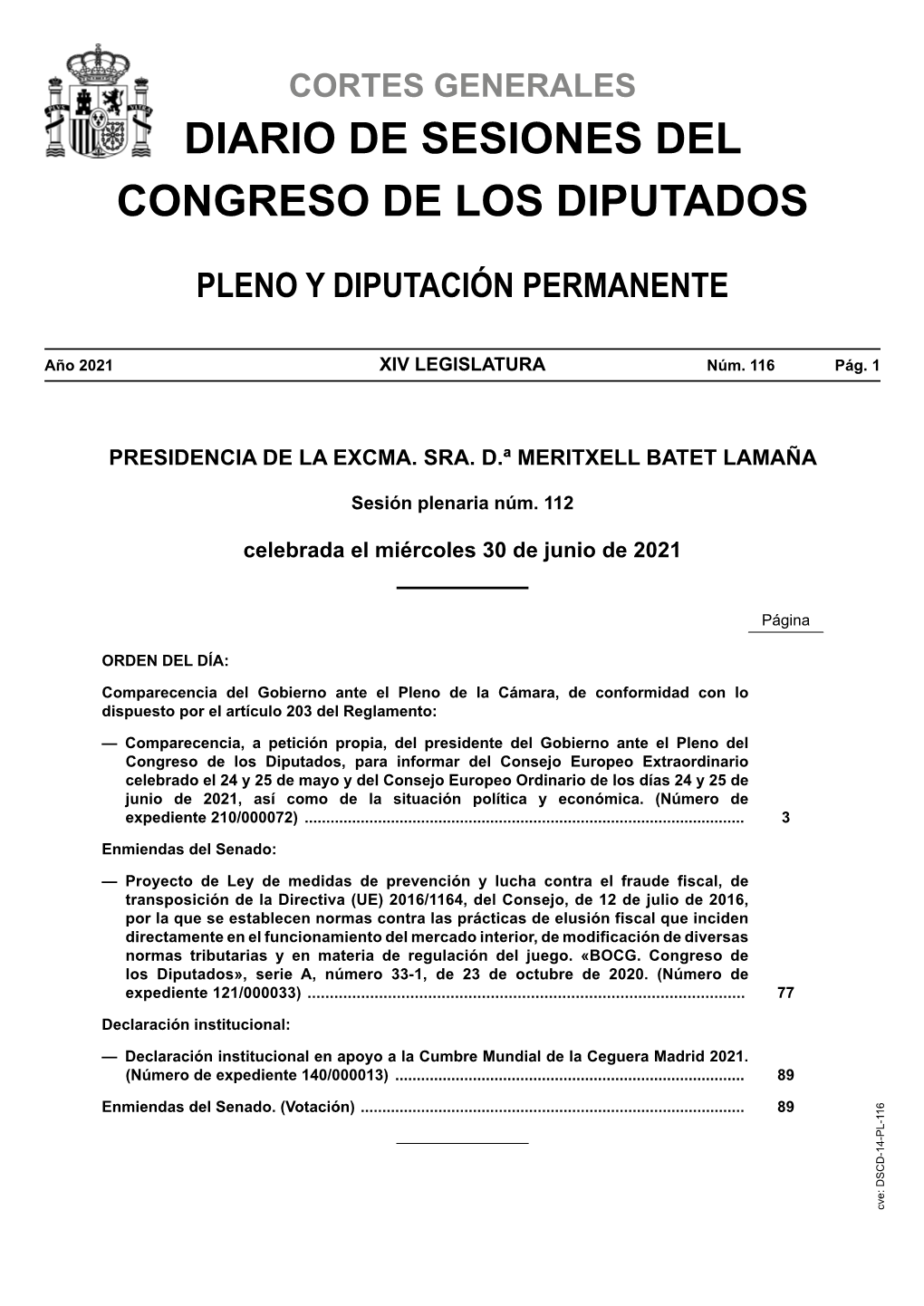 Diario De Sesiones De Pleno Y Diputación Permanente