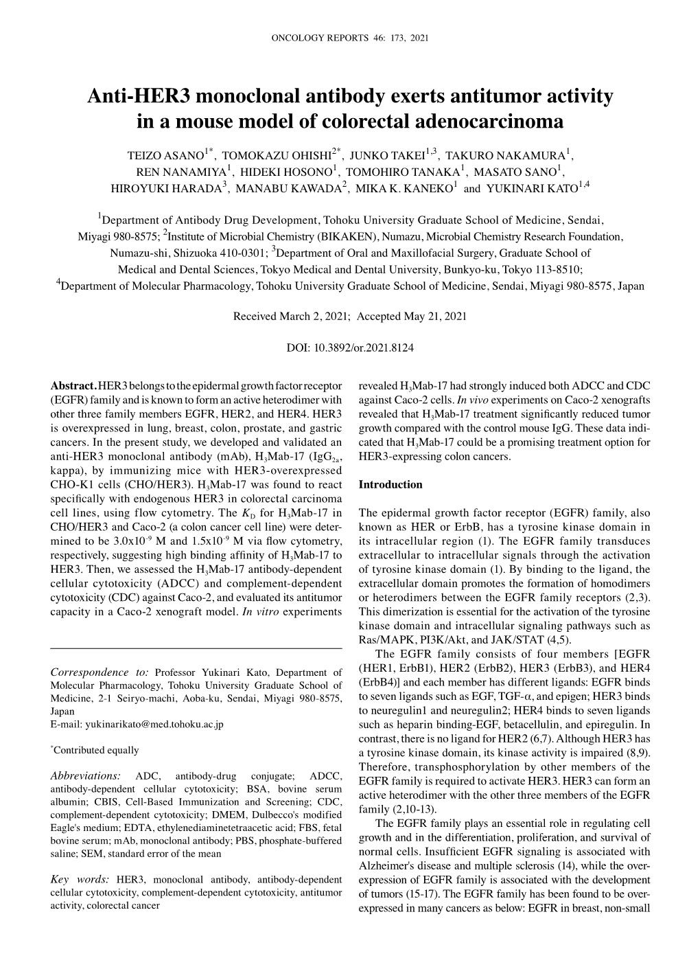 Anti‑HER3 Monoclonal Antibody Exerts Antitumor Activity in a Mouse Model of Colorectal Adenocarcinoma