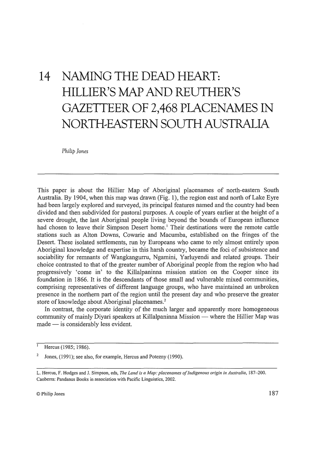 14 Naming the Dead Heart: Hillier's Map and Reuther's Gazetteer of 2,468 Placenames in North~Eastern South Australia