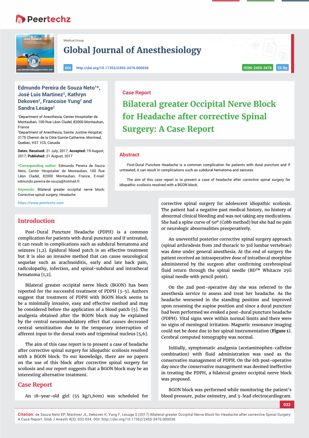 Bilateral Greater Occipital Nerve Block for Headache After Corrective Spinal Surgery: a Case Report