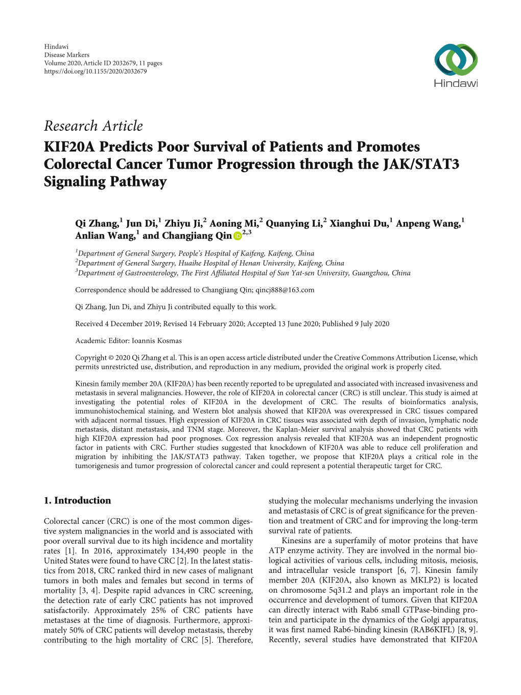 Research Article KIF20A Predicts Poor Survival of Patients and Promotes Colorectal Cancer Tumor Progression Through the JAK/STAT3 Signaling Pathway