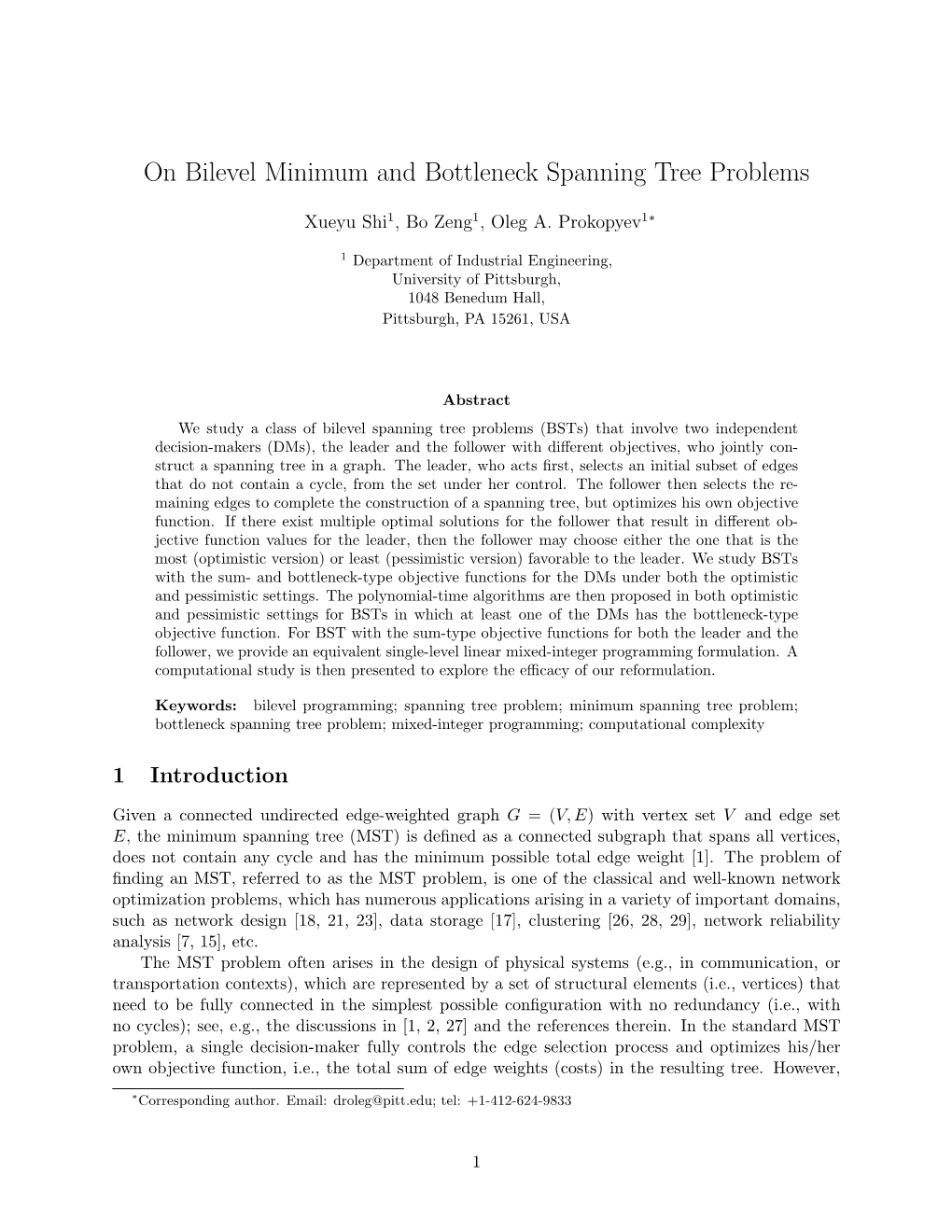 On Bilevel Minimum and Bottleneck Spanning Tree Problems