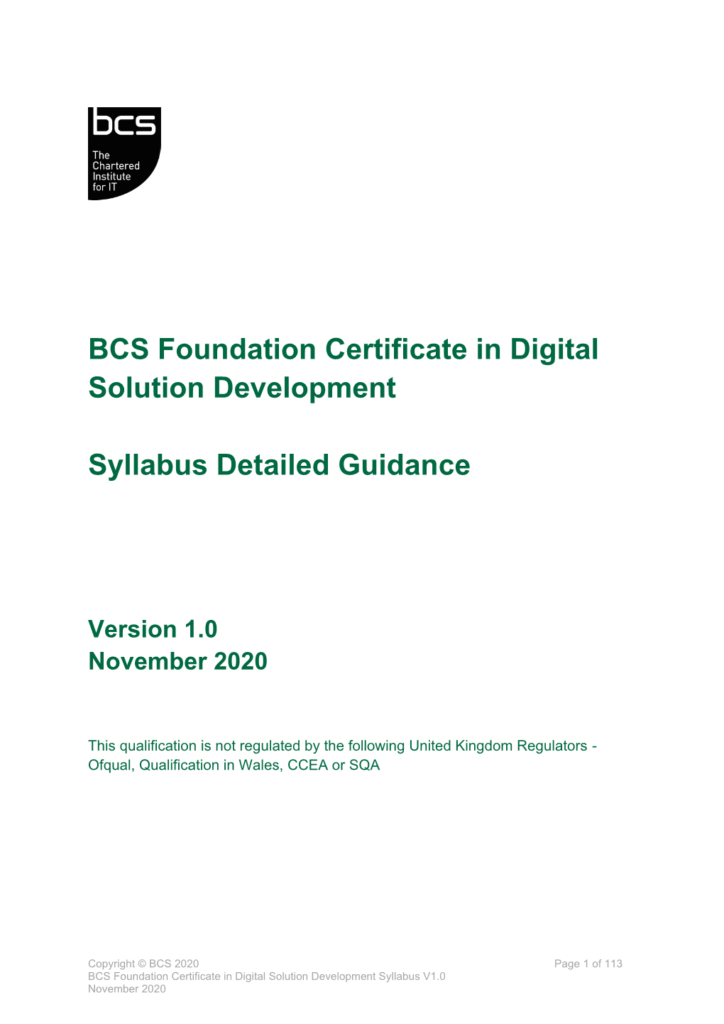 BCS Foundation Certificate in Digital Solution Development Syllabus V1.0 November 2020