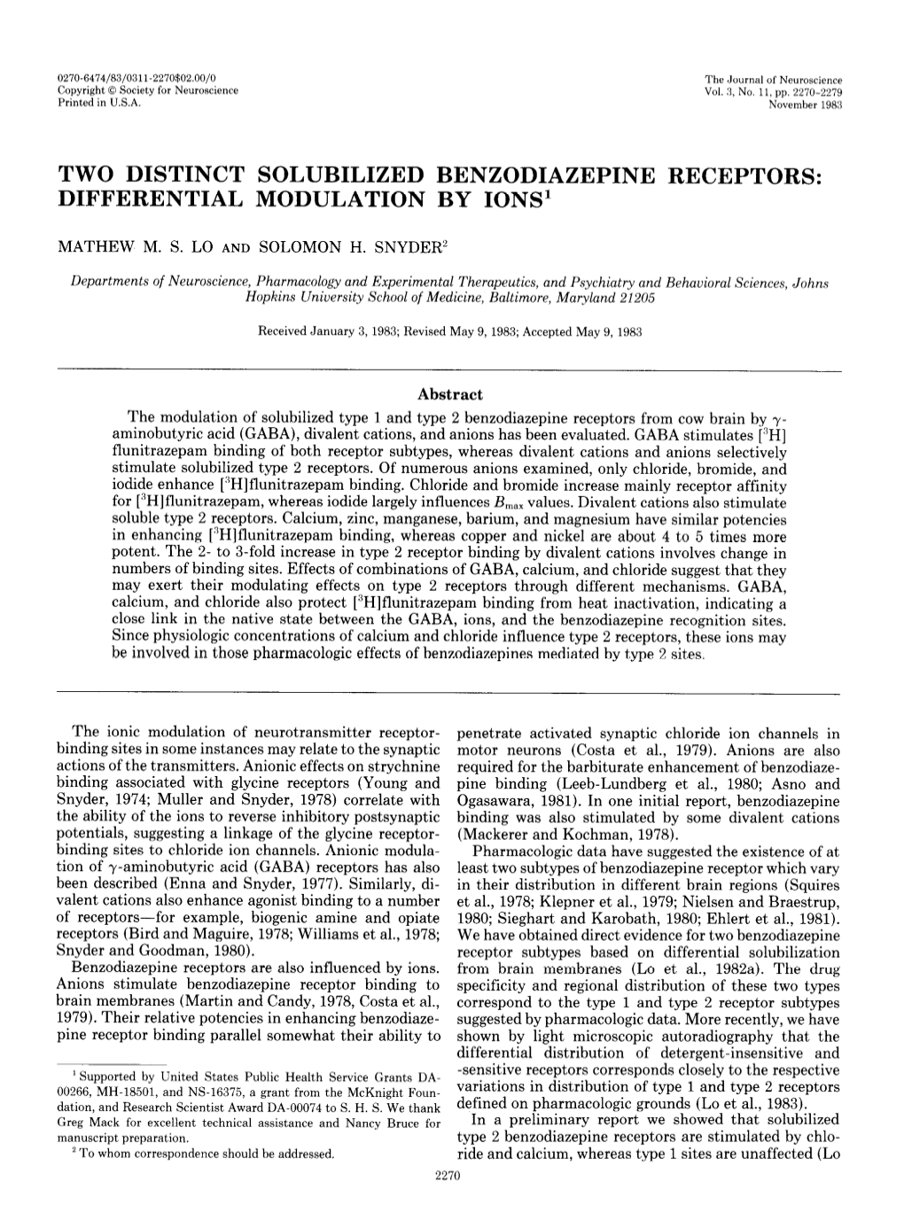 Two Distinct Solubilized Benzodiazepine Receptors: Differential Modulation by Ions’