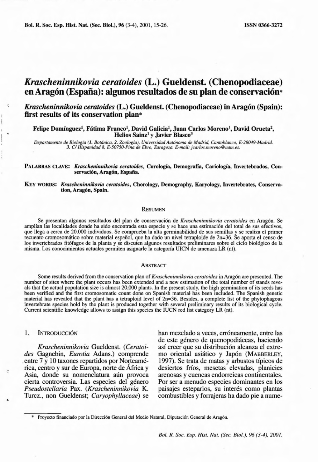 Krascheninnikovia Ceratoides (L.) Gueldenst. (Chenopodiaceae) Enaragón (España): Algunos Resultados De Su Plan De Conservación*