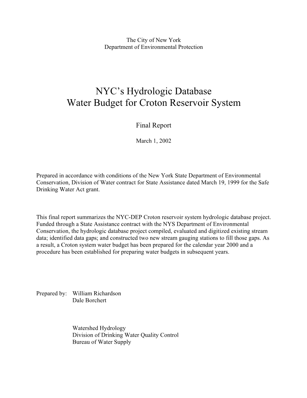 NYC's Hydrologic Database Water Budget for Croton Reservoir System