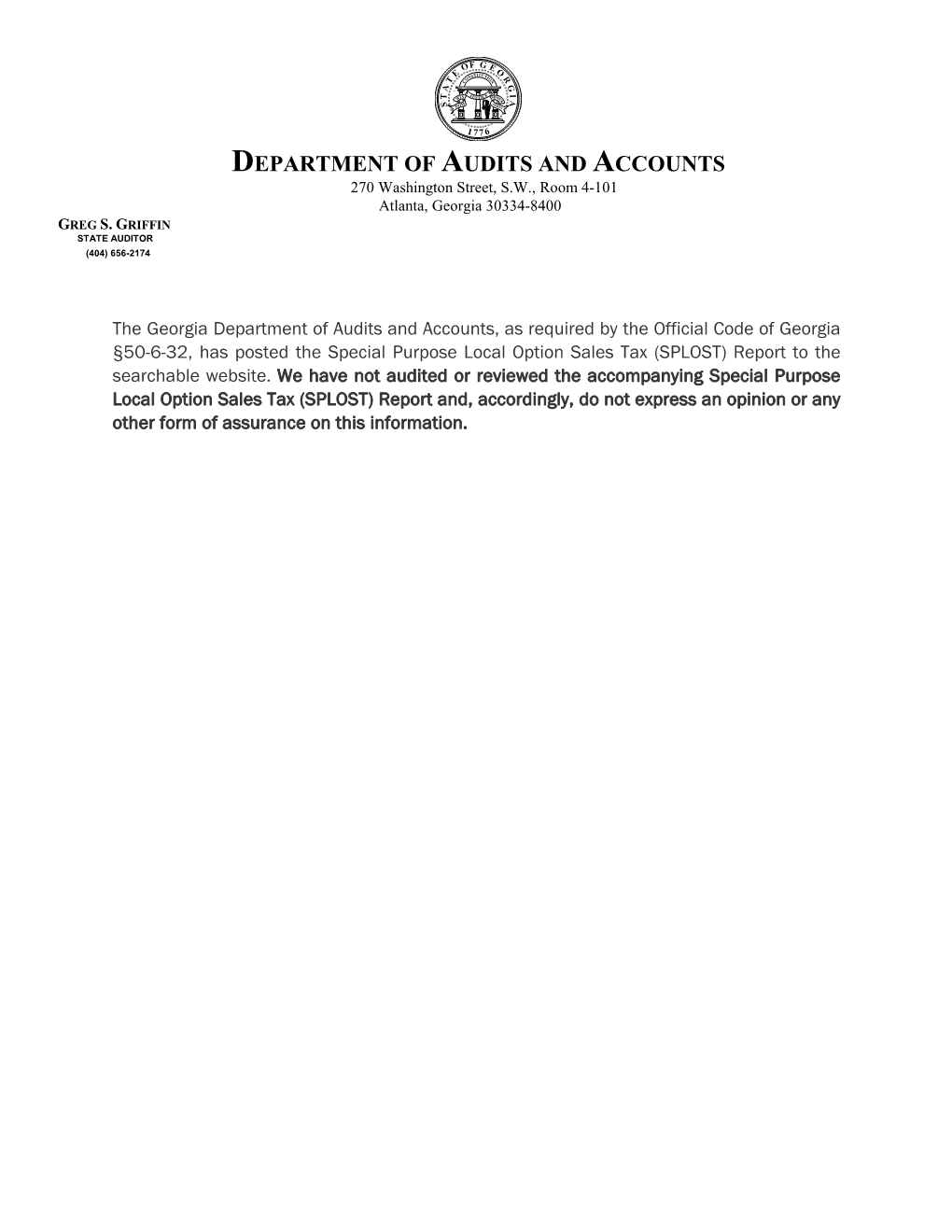 DEPARTMENT of AUDITS and ACCOUNTS 270 Washington Street, S.W., Room 4-101 Atlanta, Georgia 30334-8400 GREG S