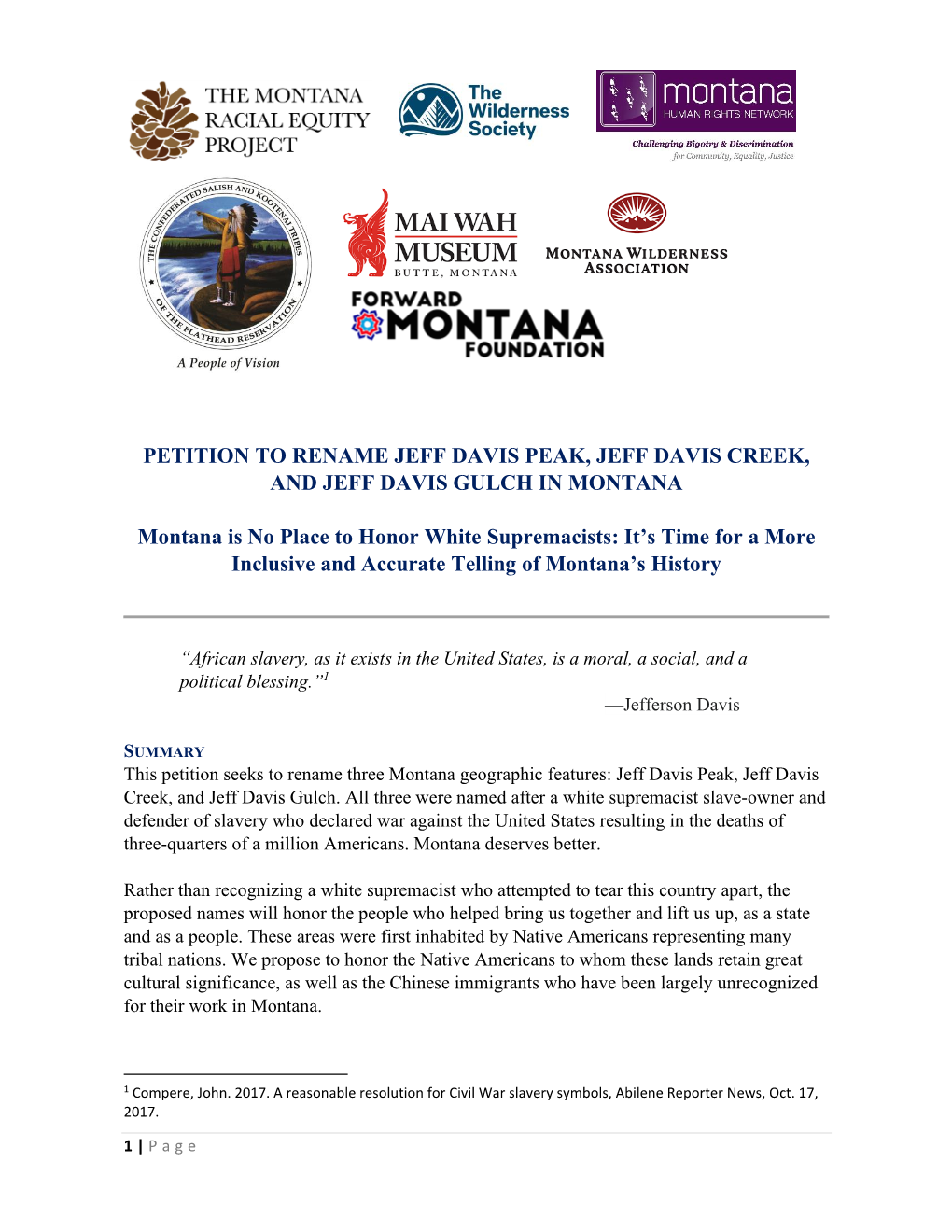 Petition to Rename Jeff Davis Peak, Jeff Davis Creek, and Jeff Davis Gulch in Montana