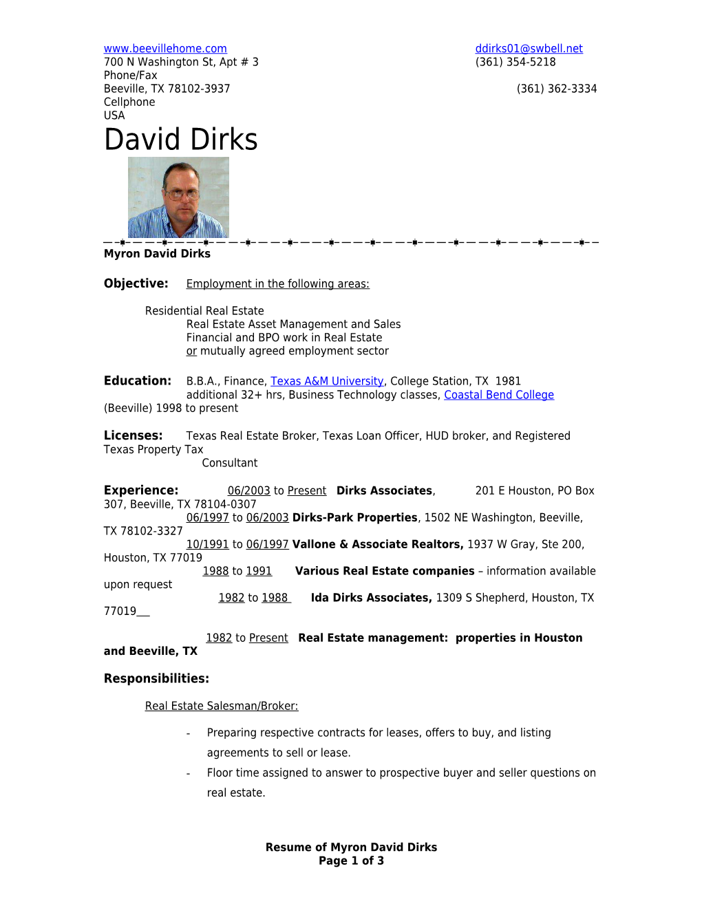 Resume of Myron David Dirks