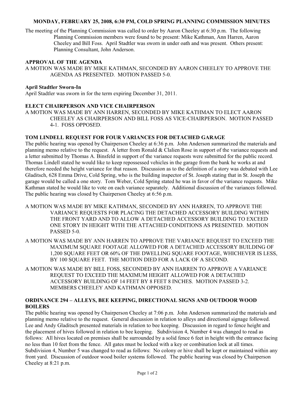 Monday, May 24, 2006, 6:30 Pm, Cold Spring Joint Meeting of Planning Commission, City Council