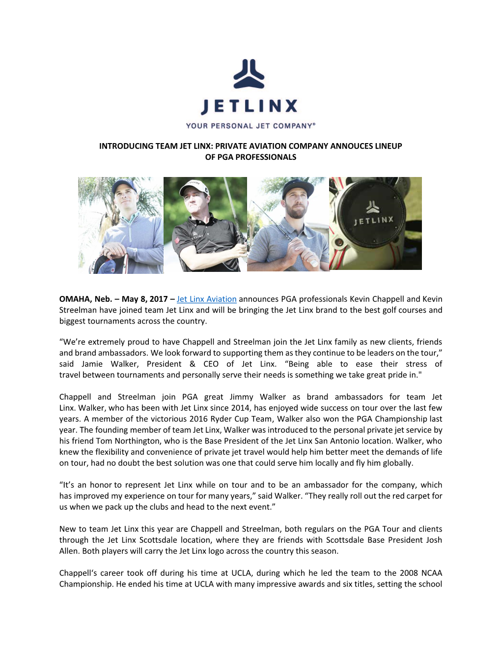 Introducing Team Jet Linx: Private Aviation Company Annouces Lineup of Pga Professionals