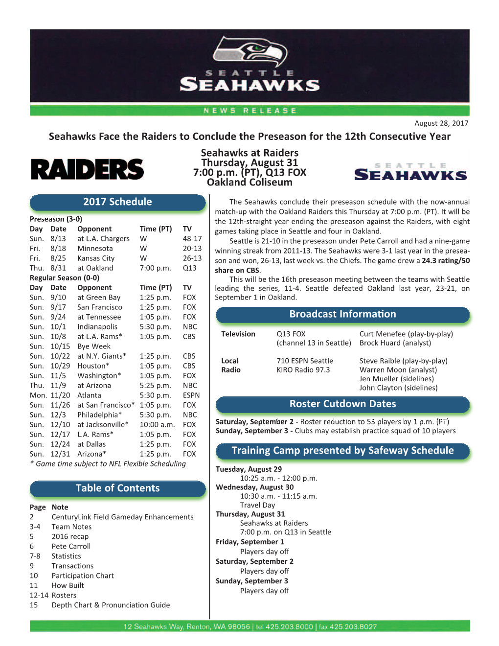 Seahawks at Raiders Thursday, August 31 7:00 Pm