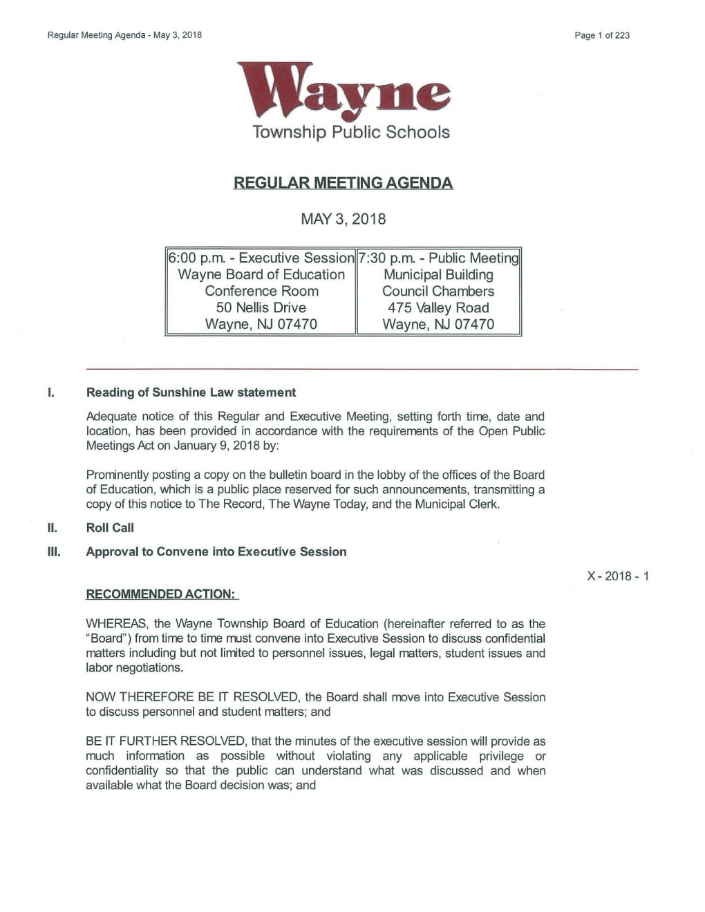 Agenda - May 3, 2018 Page 1 of 223 Wayne Township Public Schools