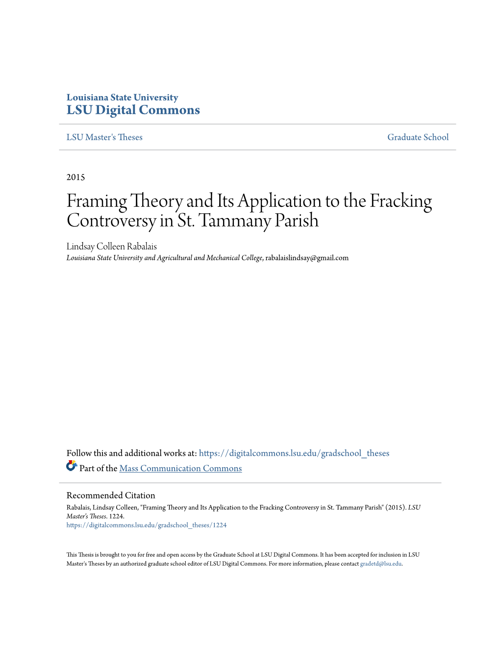 Framing Theory and Its Application to the Fracking Controversy in St