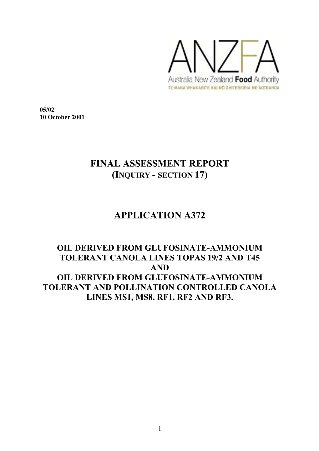 Final Assessment Report Application A372