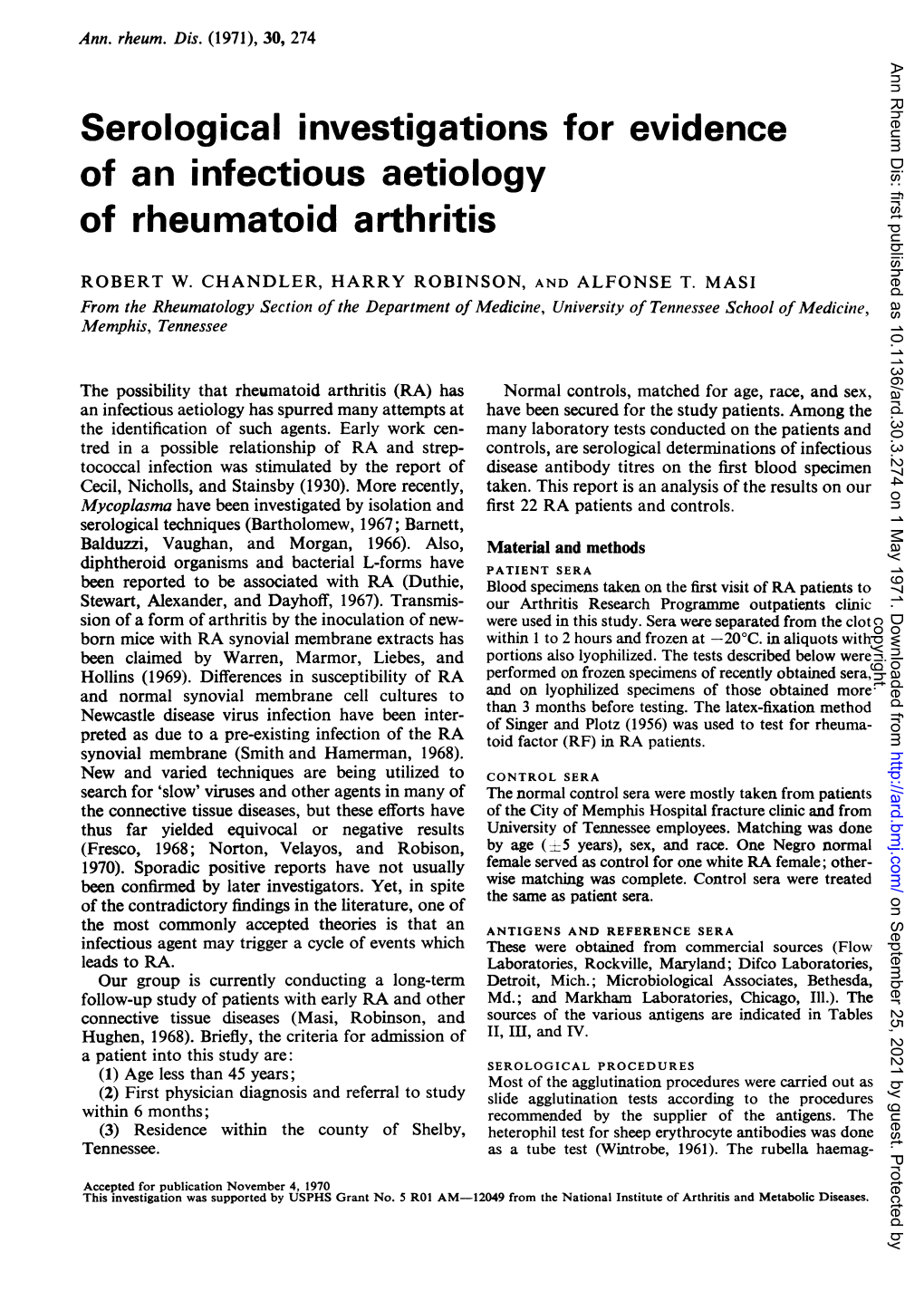 Serological Investigations for Evidence of an Infectious Aetiology of Rheumatoid Arthritis