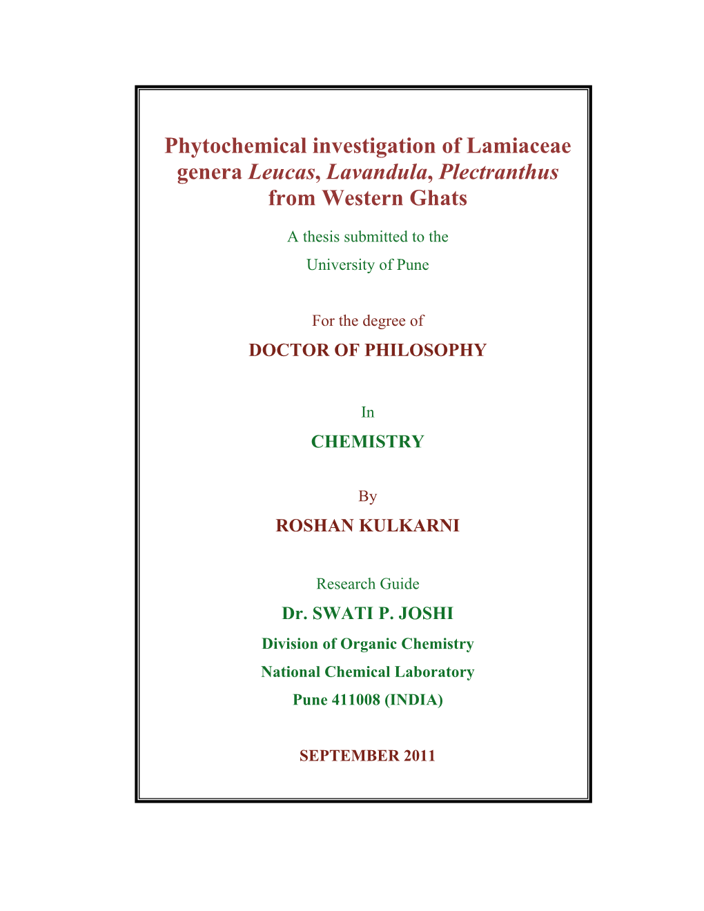 Phytochemical Investigation of Lamiaceae Genera Leucas, Lavandula, Plectranthus from Western Ghats