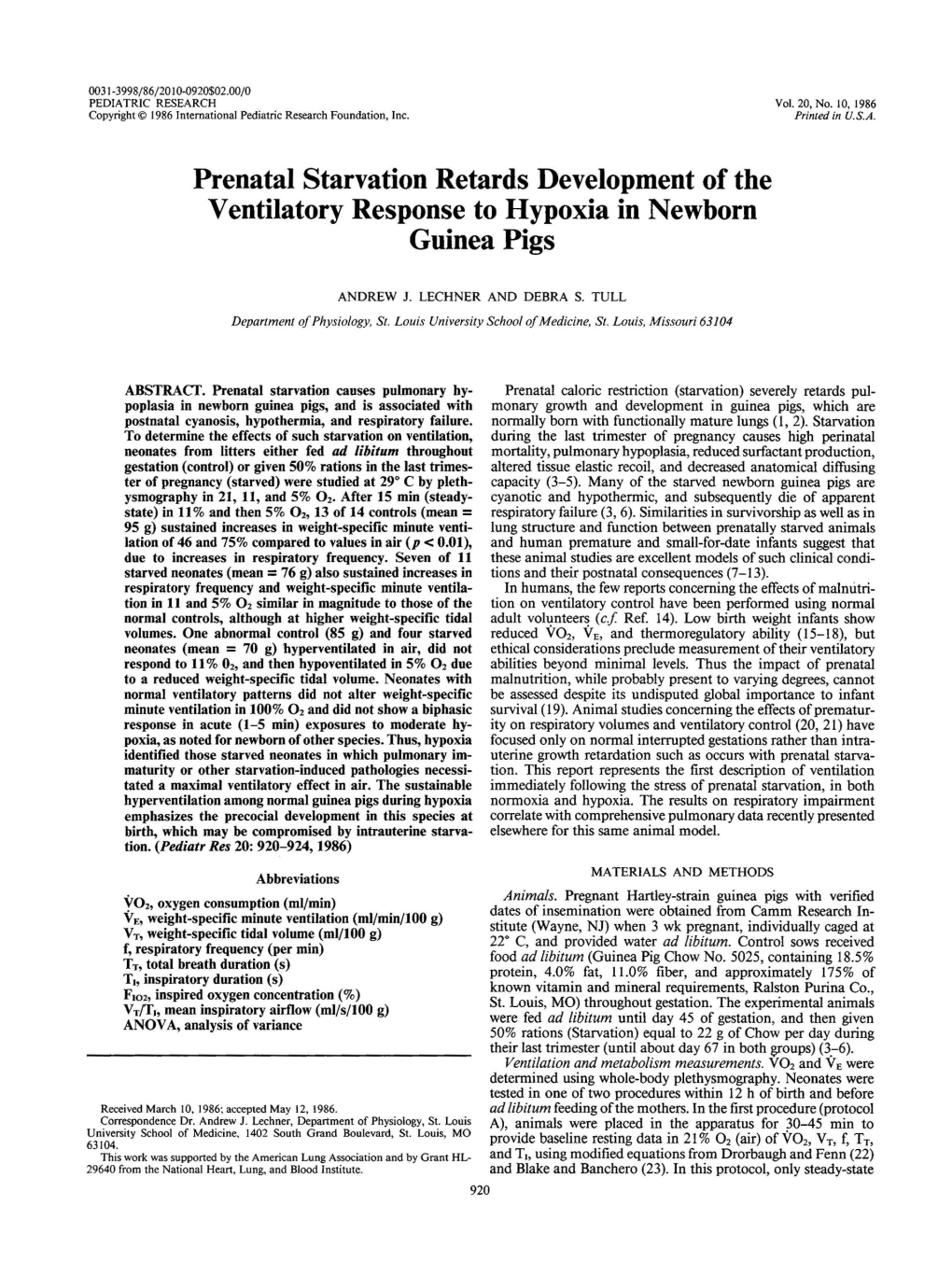 Prenatal Starvation Retards Development of the Ventilatory Response to Hypoxia in Newborn Guinea Pigs