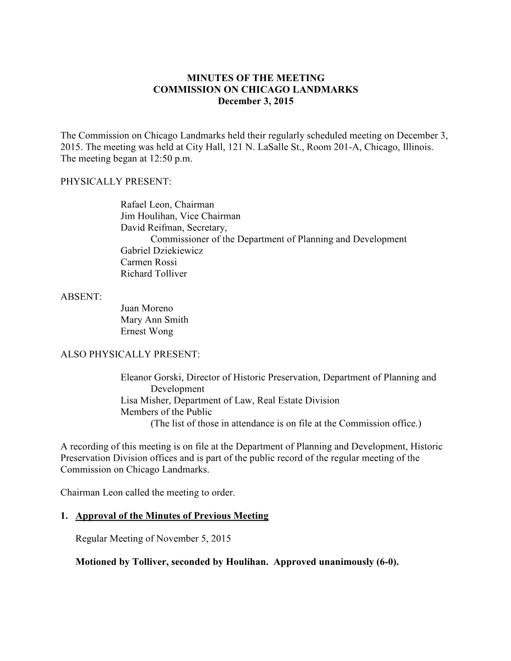 MINUTES of the MEETING COMMISSION on CHICAGO LANDMARKS December 3, 2015