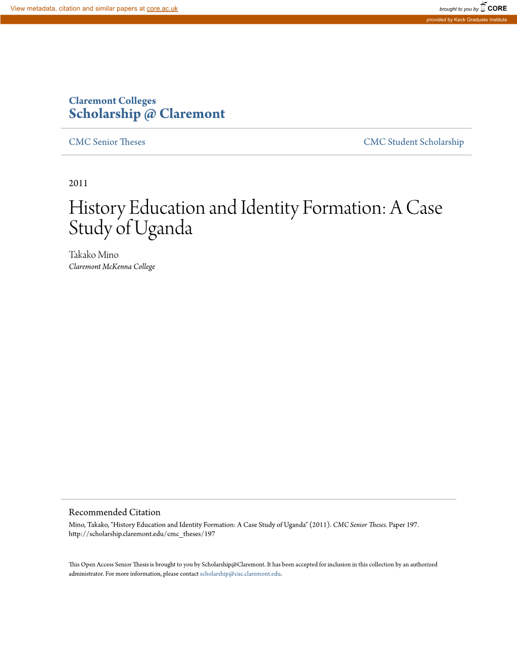 History Education and Identity Formation: a Case Study of Uganda Takako Mino Claremont Mckenna College