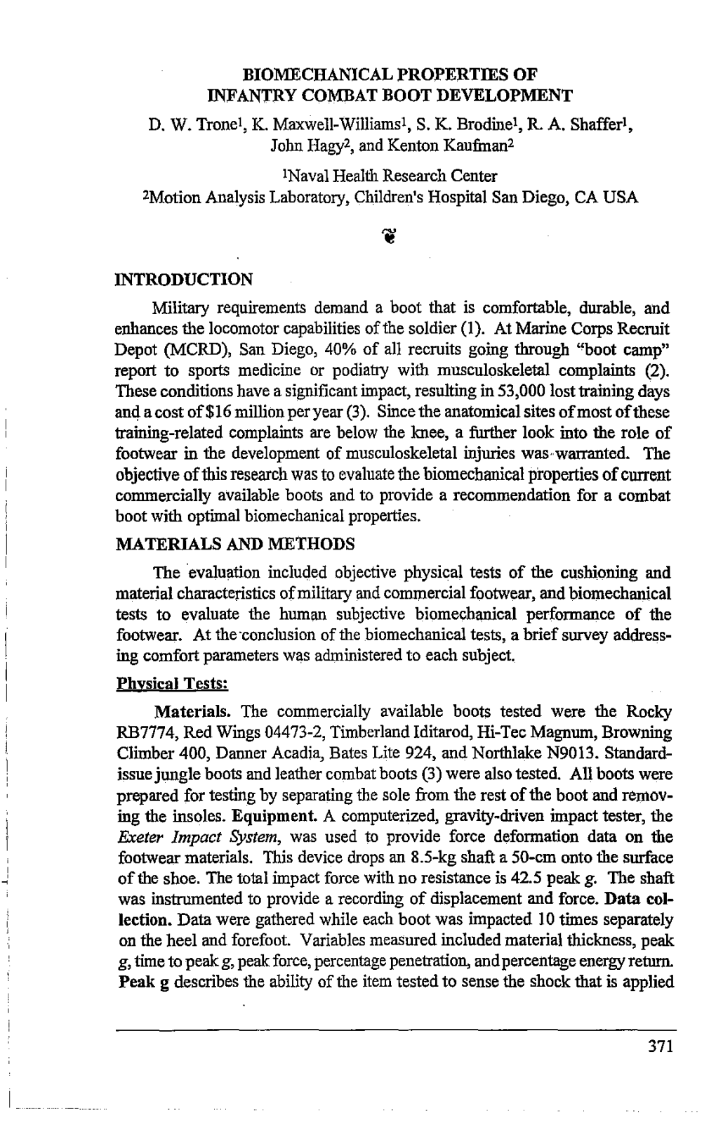 Biomechanical Properties of Infantry Combat Boot Development D