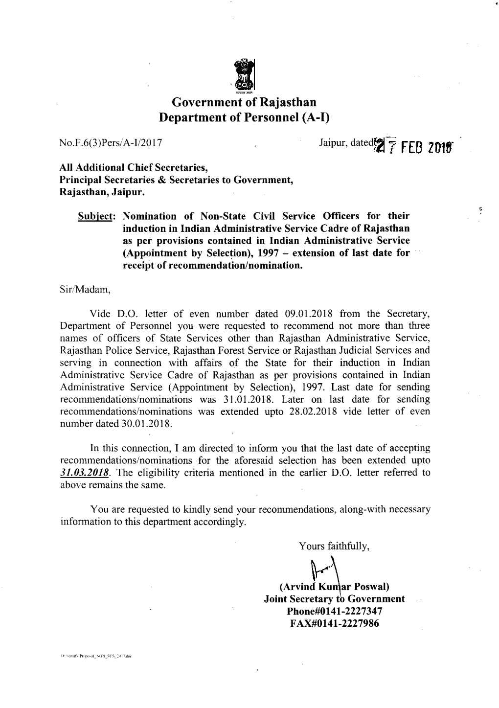 Government of Rajasthan Department of Personnel (A-I)