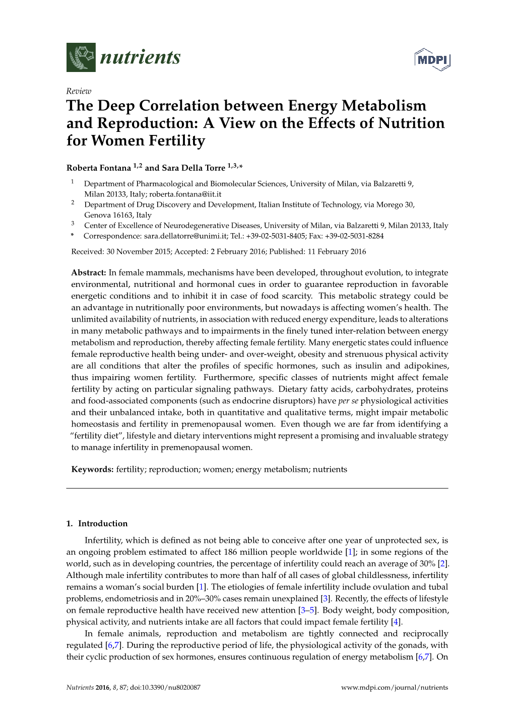 The Deep Correlation Between Energy Metabolism and Reproduction: a View on the Effects of Nutrition for Women Fertility