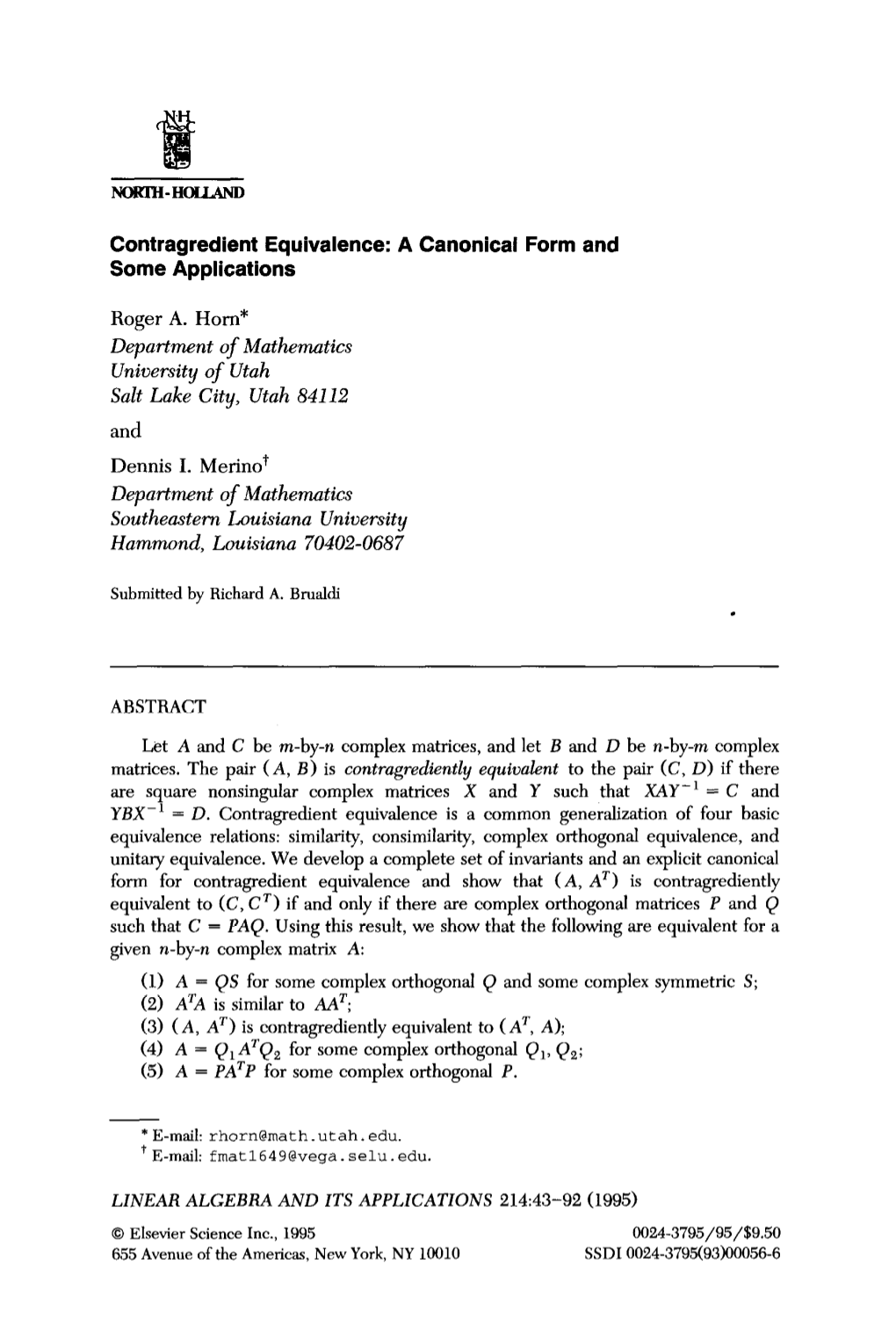 Contragredient Equivalence: a Canonical Form and Some Applications