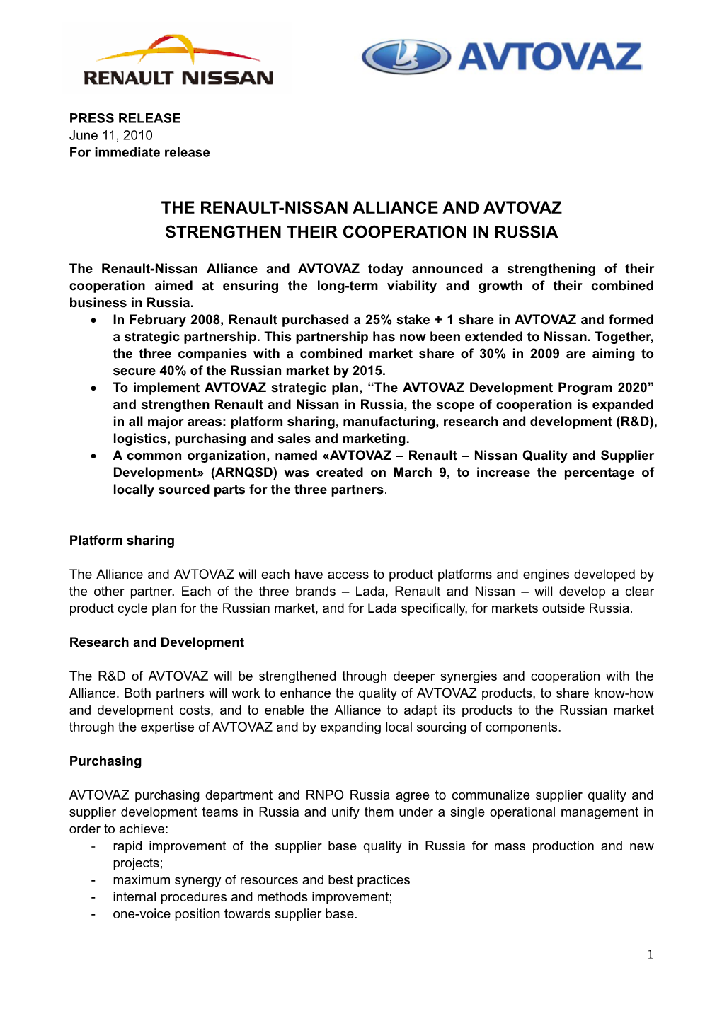 The Renault-Nissan Alliance and Avtovaz Strengthen Their Cooperation in Russia