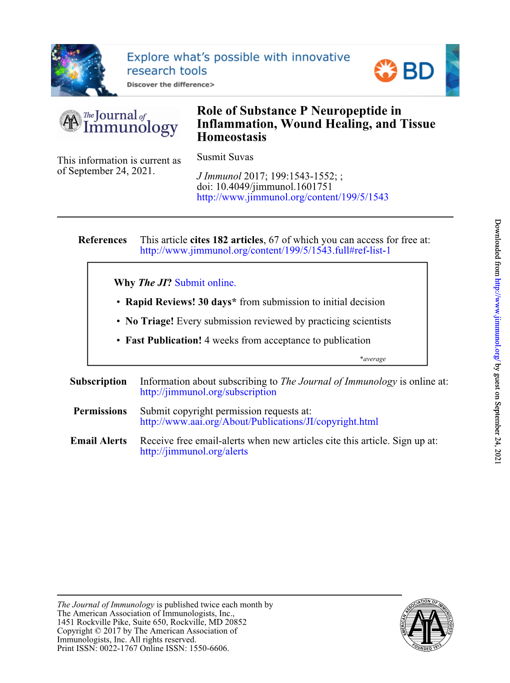 Role of Substance P Neuropeptide in Inflammation, Wound Healing, and Tissue Homeostasis