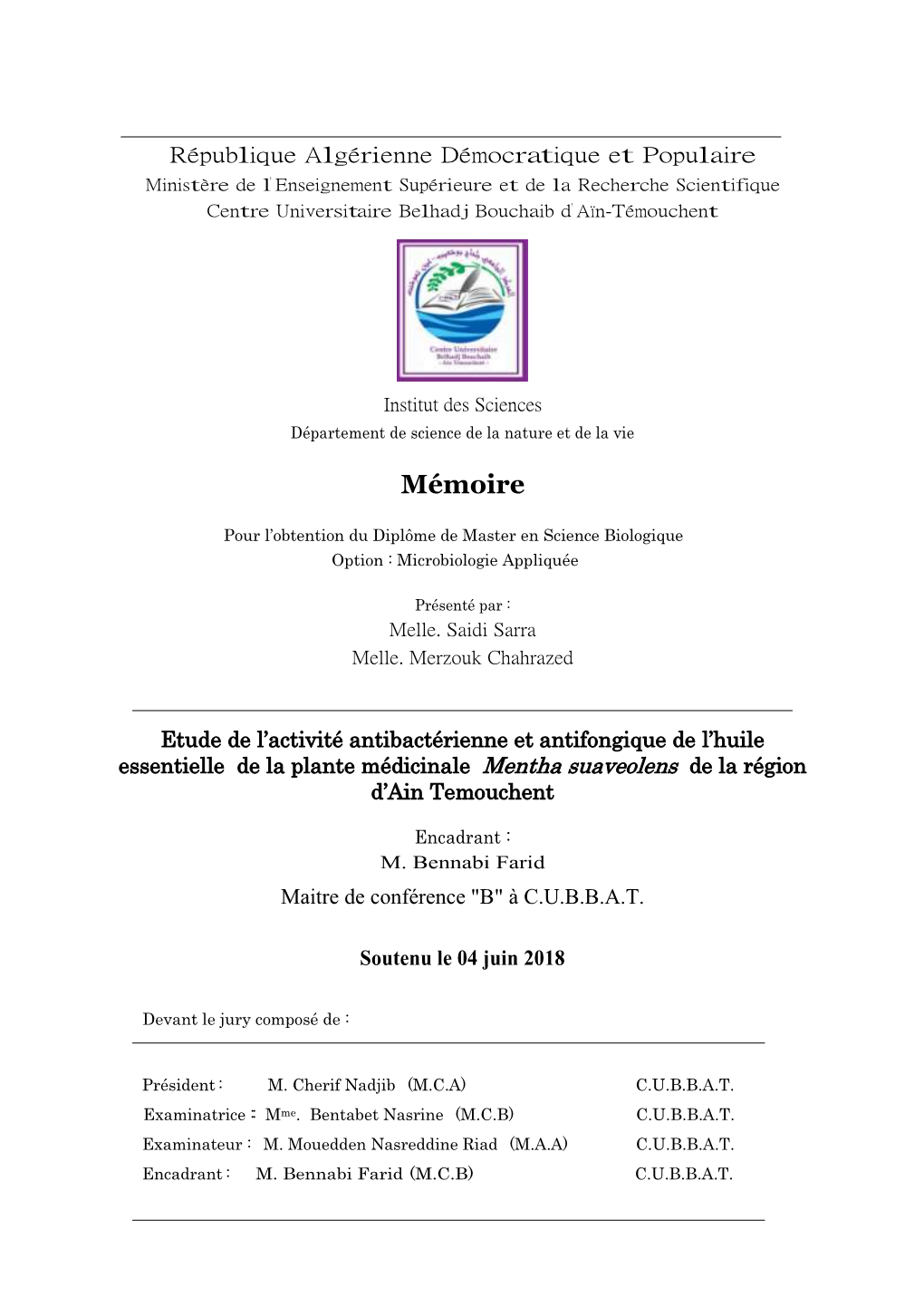 Etude De L'activité Antibactérienne Et Antifongique De L'huile Essentielle