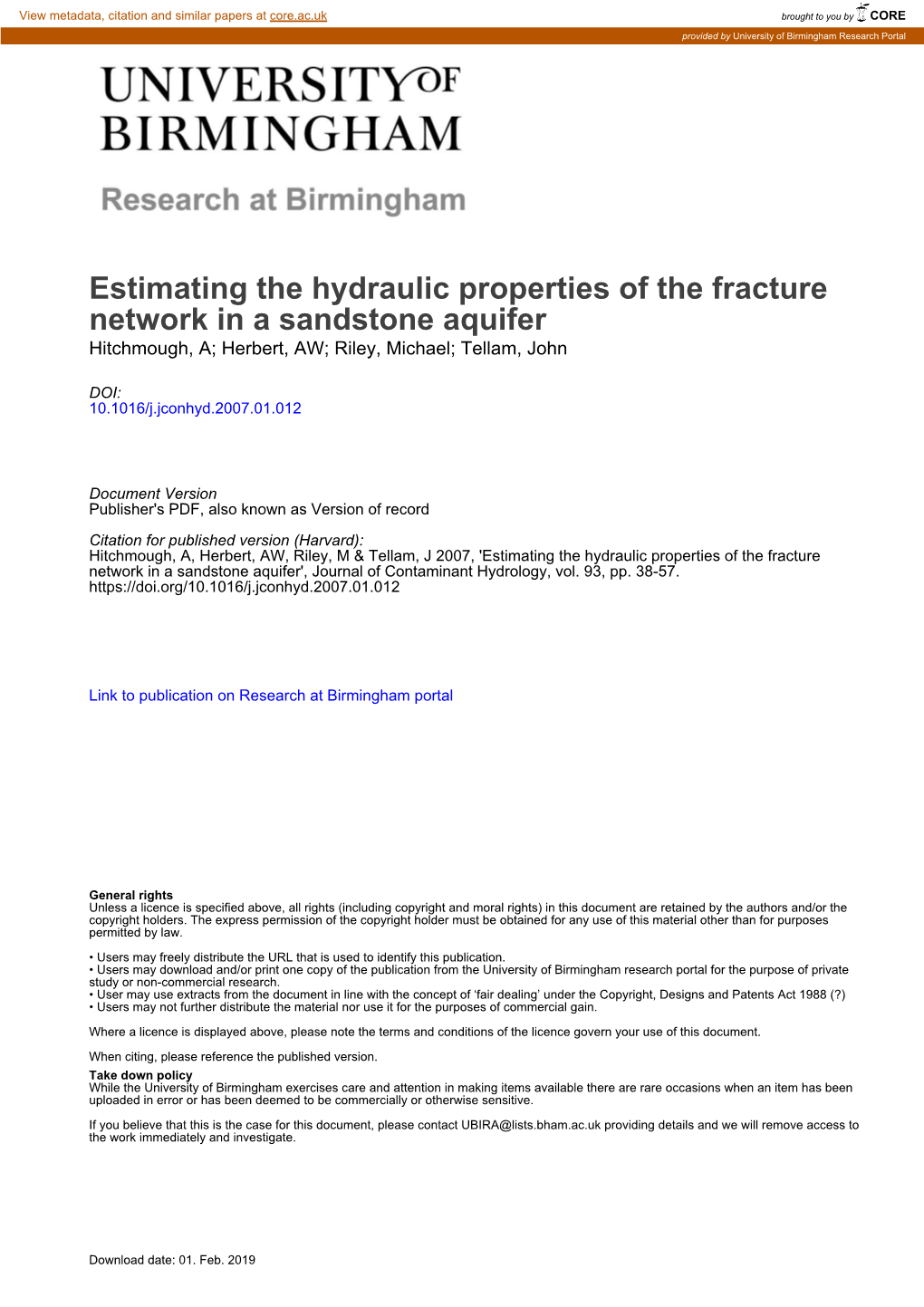 Estimating the Hydraulic Properties of the Fracture Network in a Sandstone Aquifer Hitchmough, A; Herbert, AW; Riley, Michael; Tellam, John