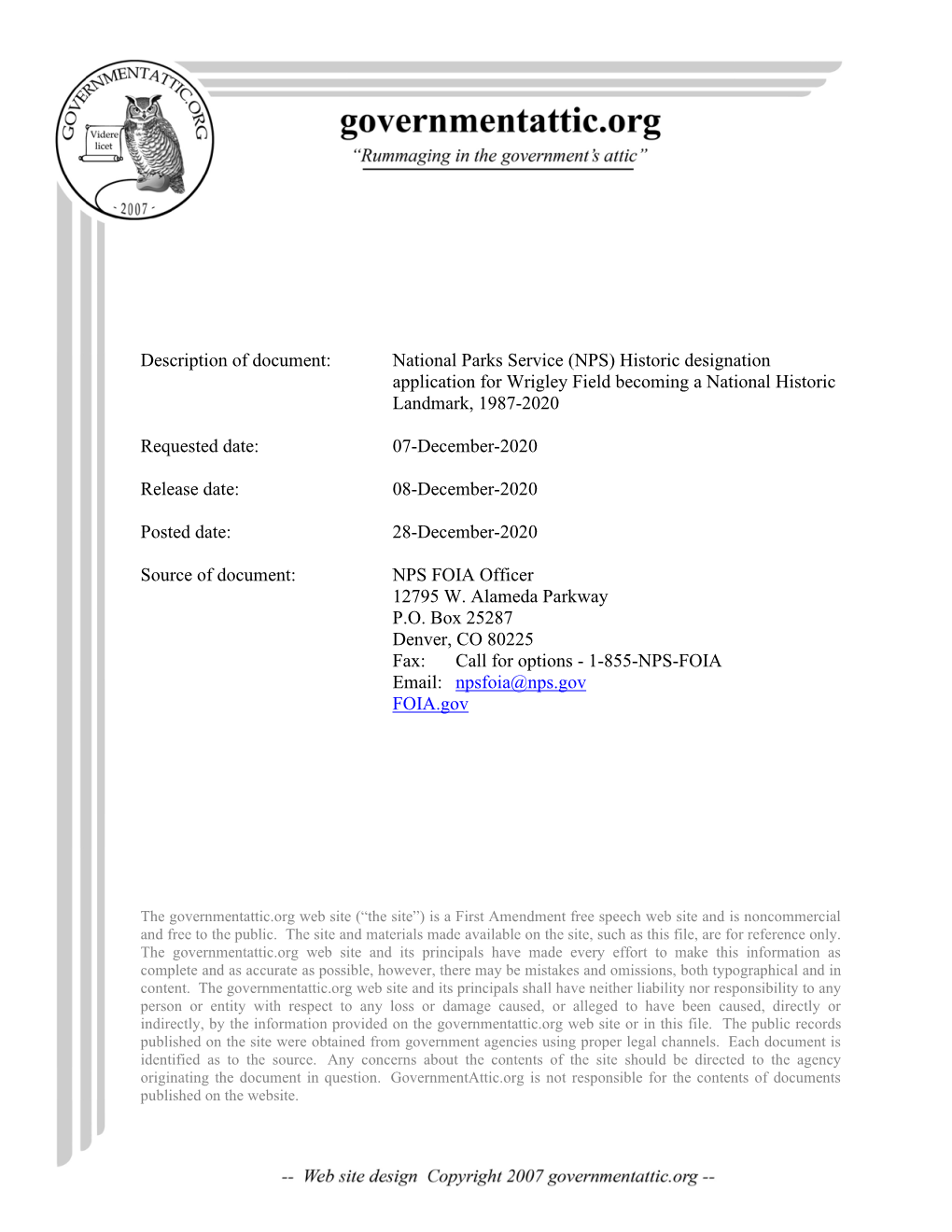 National Parks Service (NPS) Historic Designation Application for Wrigley Field Becoming a National Historic Landmark, 1987-2020