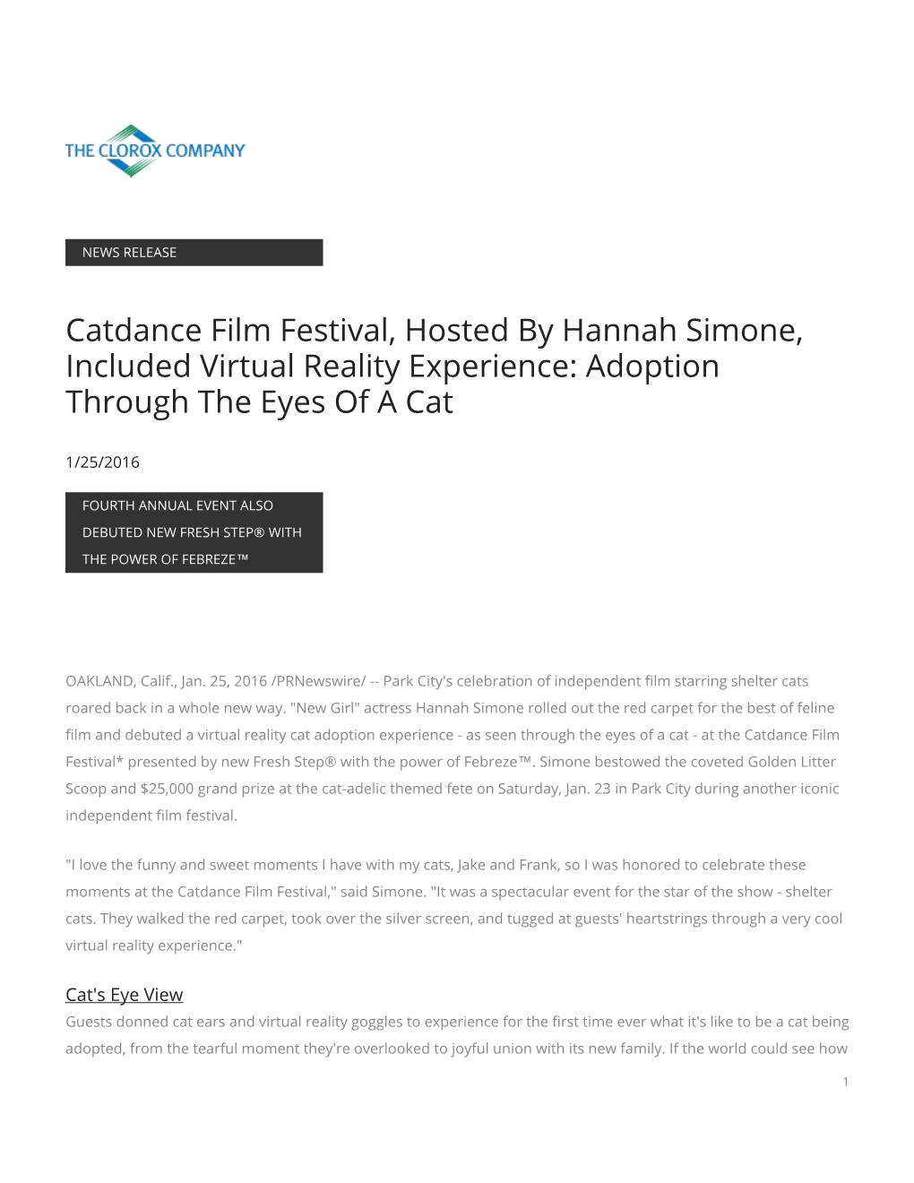 Catdance Film Festival, Hosted by Hannah Simone, Included Virtual Reality Experience: Adoption Through the Eyes of a Cat