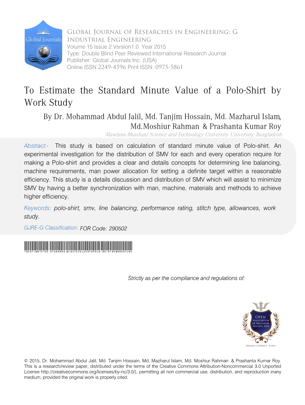 To Estimate the Standard Minute Value of a Polo-Shirt by Work Study by Dr