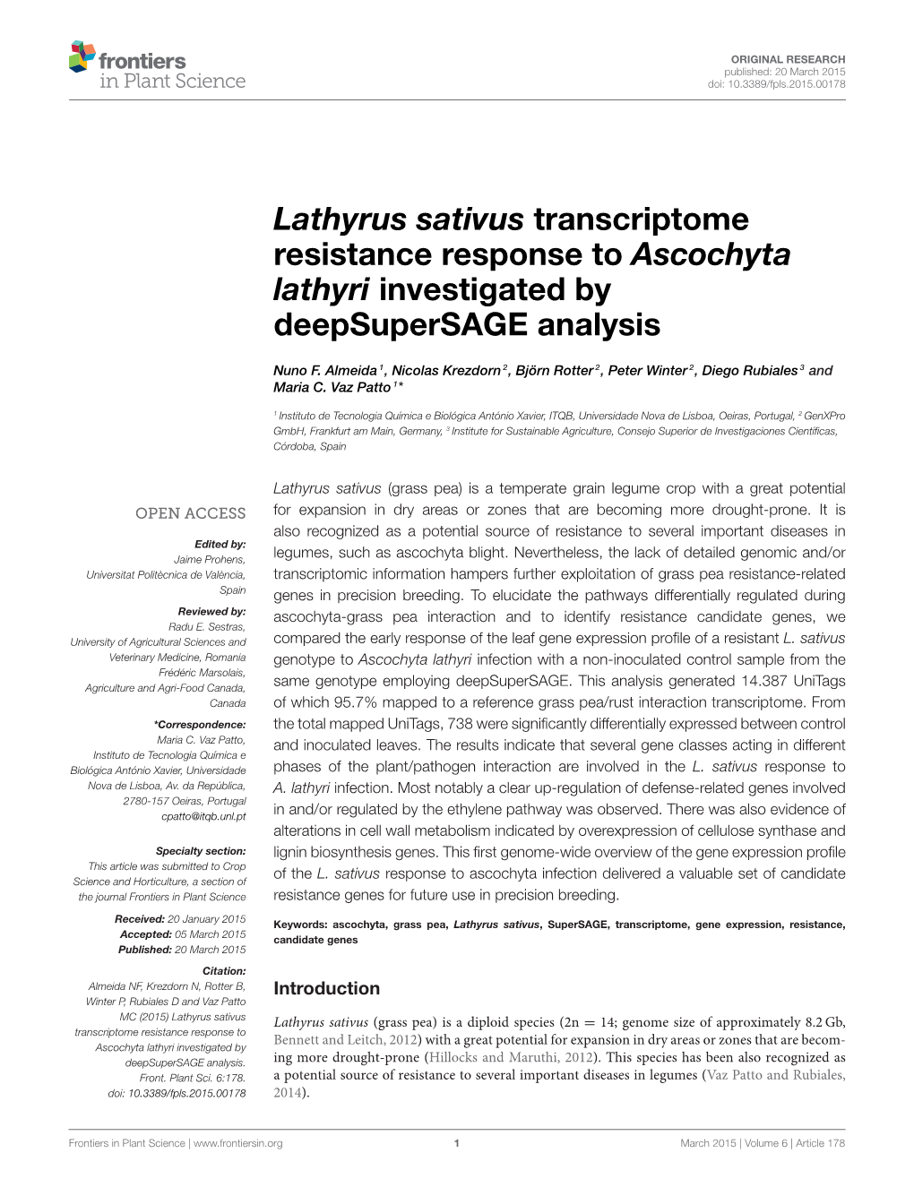 Lathyrus Sativus Transcriptome Resistance Response to Ascochyta Lathyri Investigated by Deepsupersage Analysis