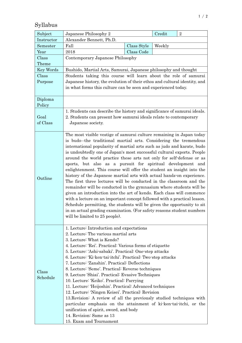 Syllabus Subject Japanese Philosophy 2 Credit 2 Instructor Alexander Bennett, Ph.D