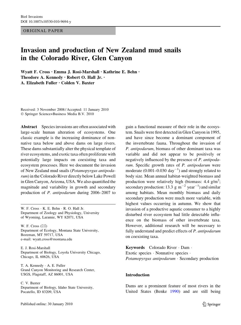 Invasion and Production of New Zealand Mud Snails in the Colorado River, Glen Canyon