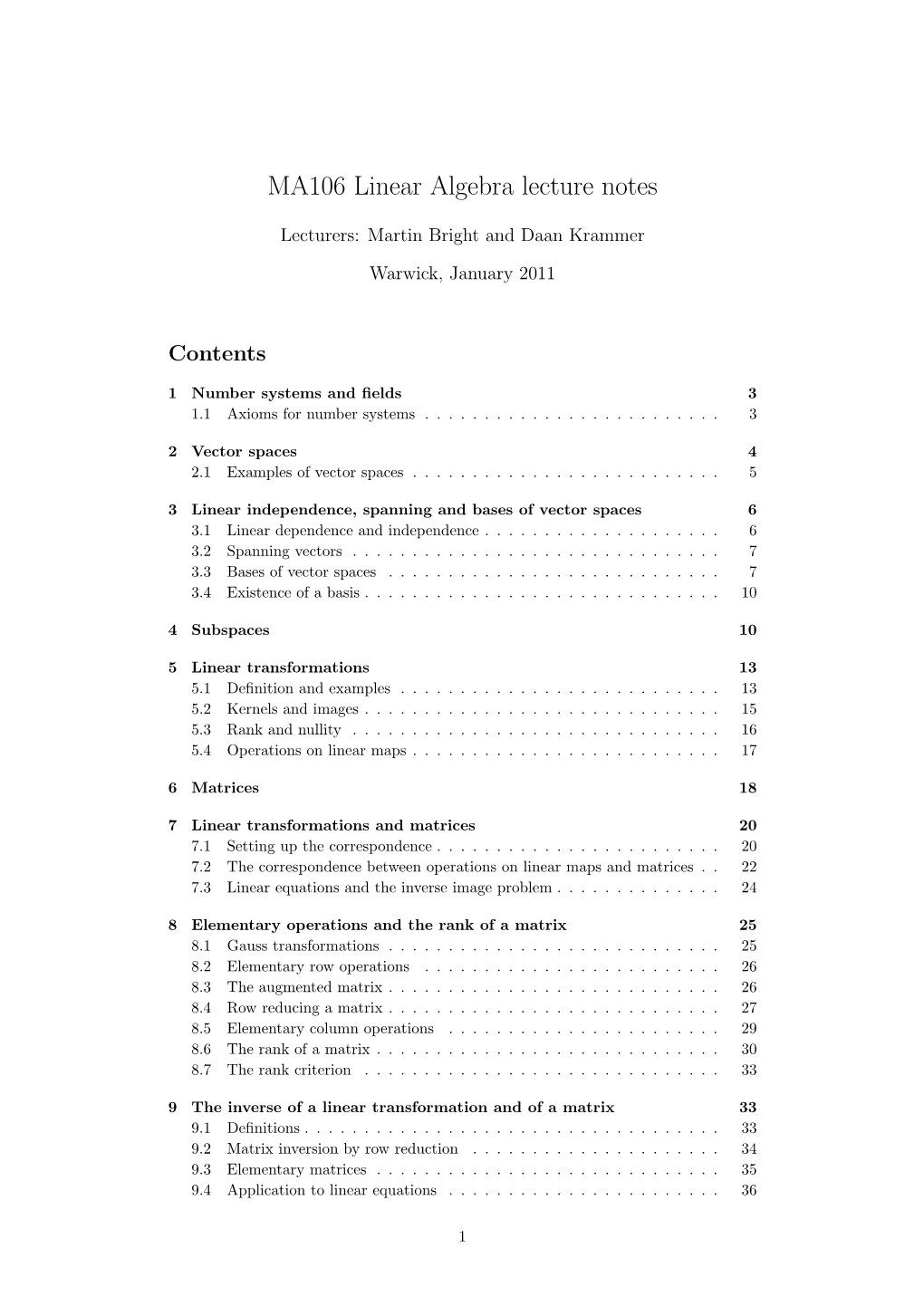 MA106 Linear Algebra Lecture Notes