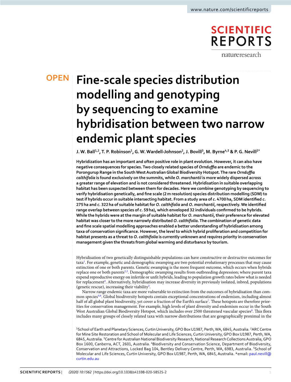 Fine-Scale Species Distribution Modelling and Genotyping by Sequencing to Examine Hybridisation Between Two Narrow Endemic Plant Species J