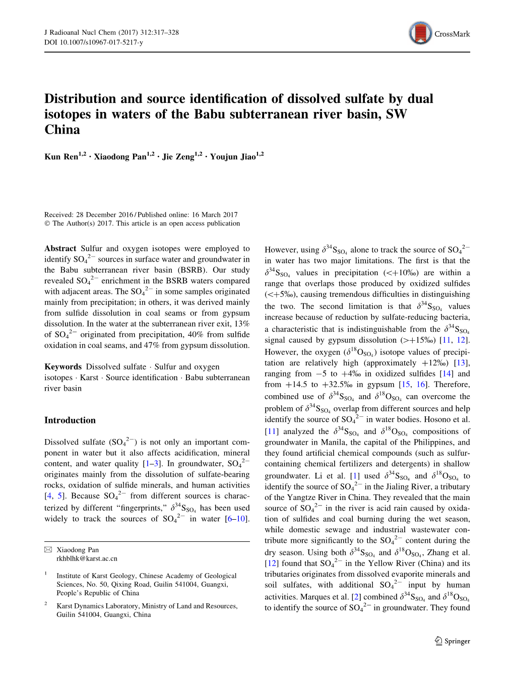 Distribution and Source Identification of Dissolved Sulfate by Dual