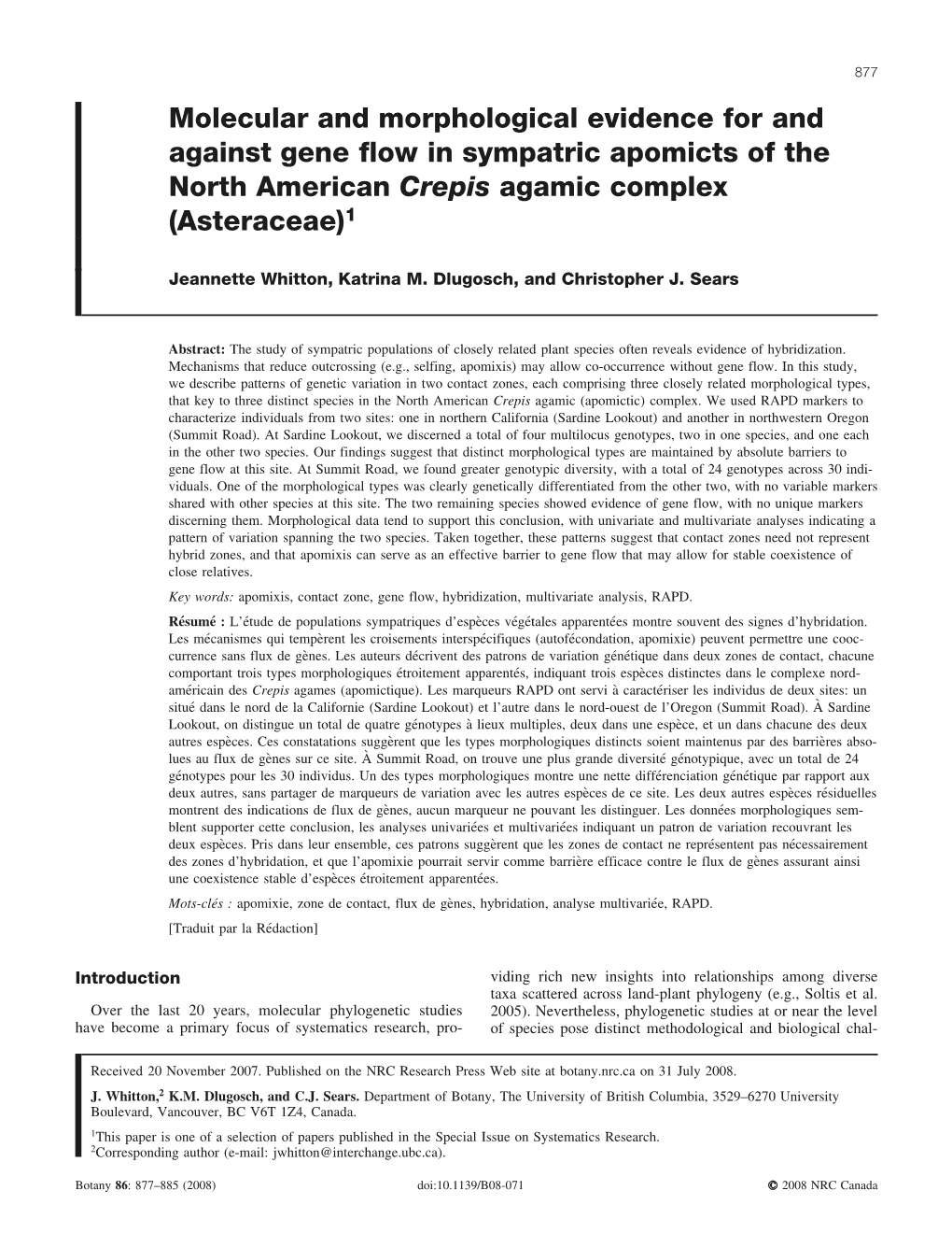 Molecular and Morphological Evidence for and Against Gene Flow in Sympatric Apomicts of the North American Crepis Agamic Complex (Asteraceae)1