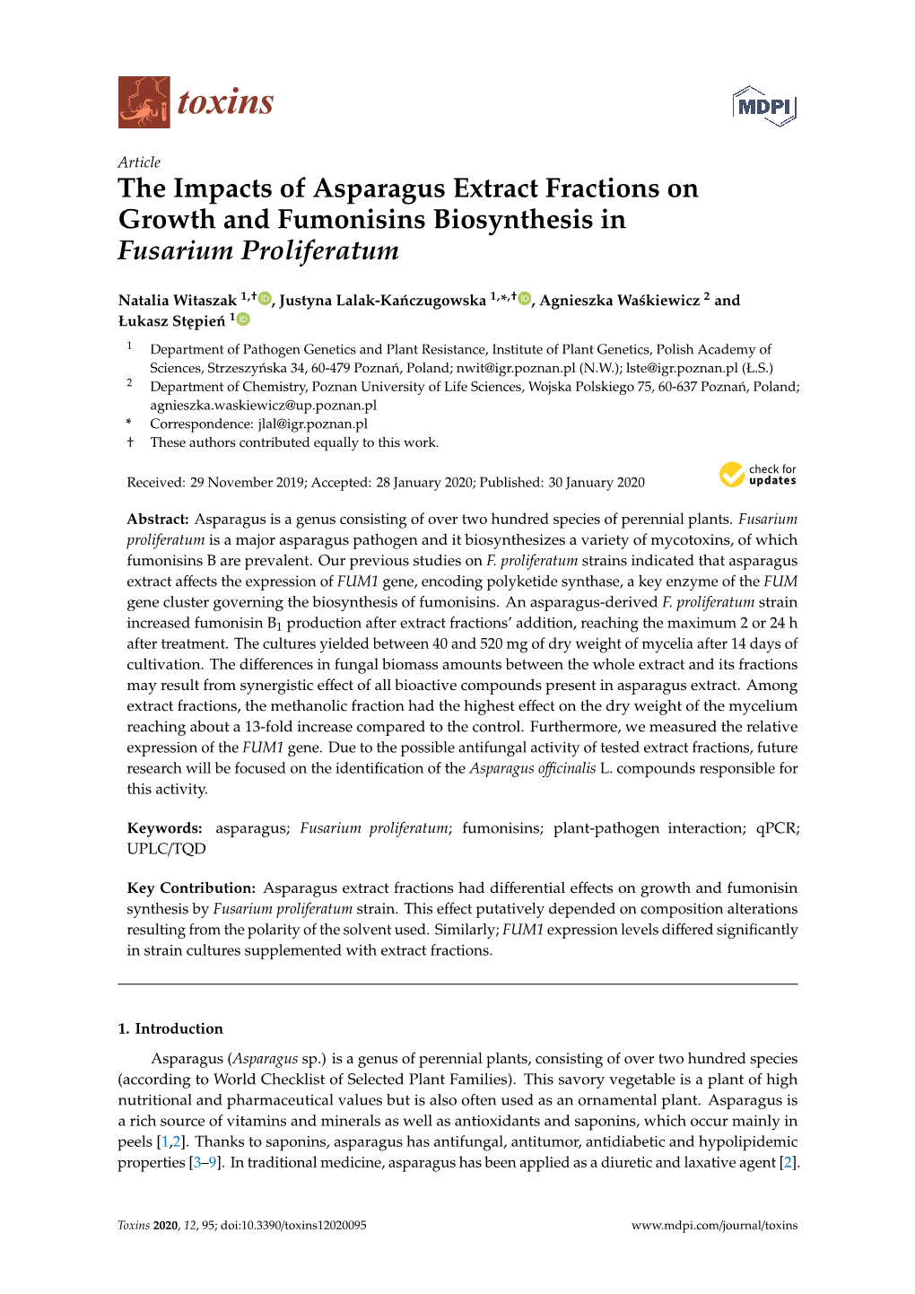 The Impacts of Asparagus Extract Fractions on Growth and Fumonisins Biosynthesis in Fusarium Proliferatum