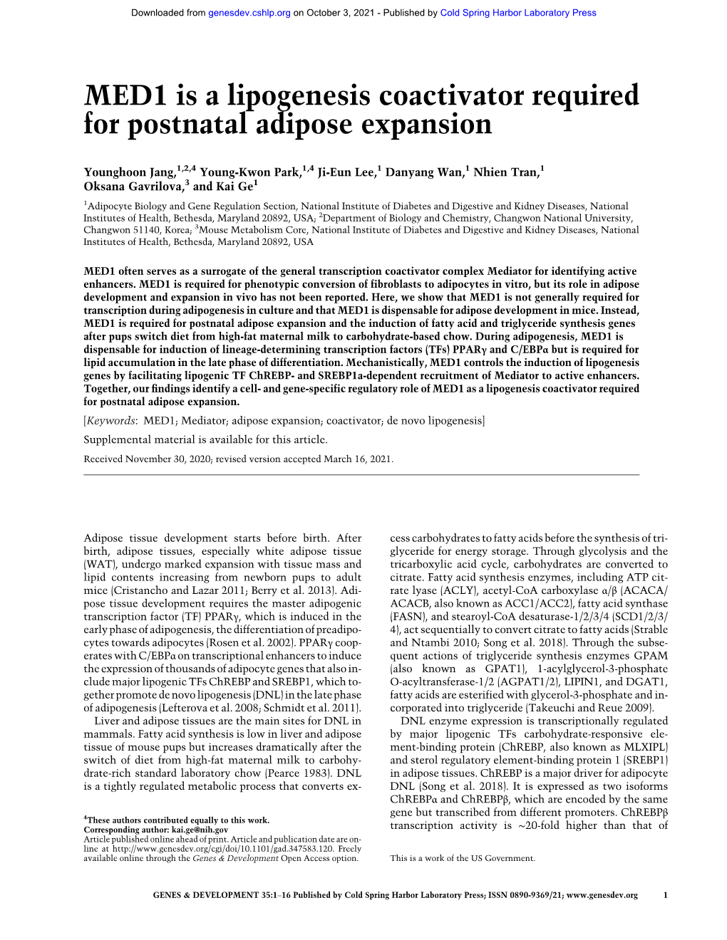 MED1 Is a Lipogenesis Coactivator Required for Postnatal Adipose Expansion