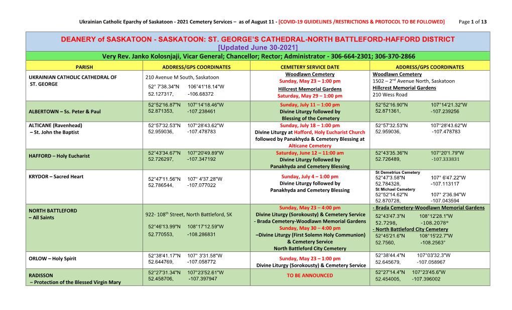 Ukrainian Catholic Eparchy of Saskatoon - 2021 Cemetery Services – As of August 11 - [COVID-19 GUIDELINES /RESTRICTIONS & PROTOCOL to BE FOLLOWED] Page 1 of 13