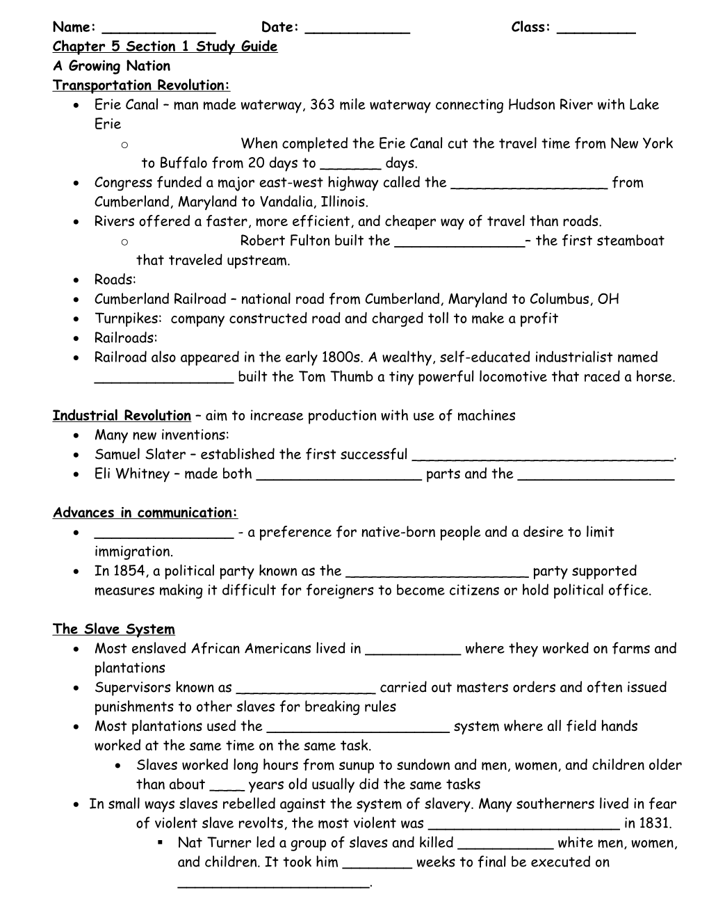 Chapter 5 Section 1 Study Guide a Growing Nation