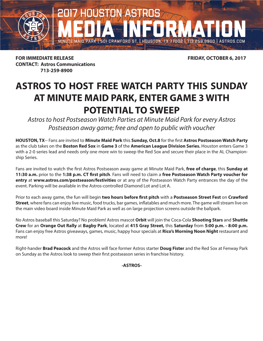 Astros to Host Free Watch Party This Sunday at Minute